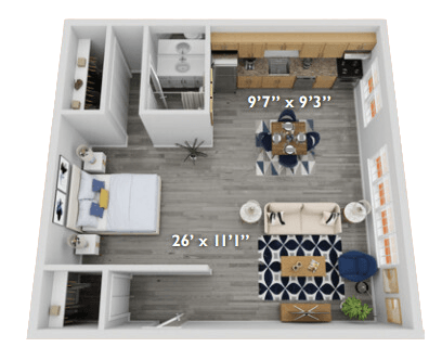 a bedroom floor plan with a bathroom and a living room
